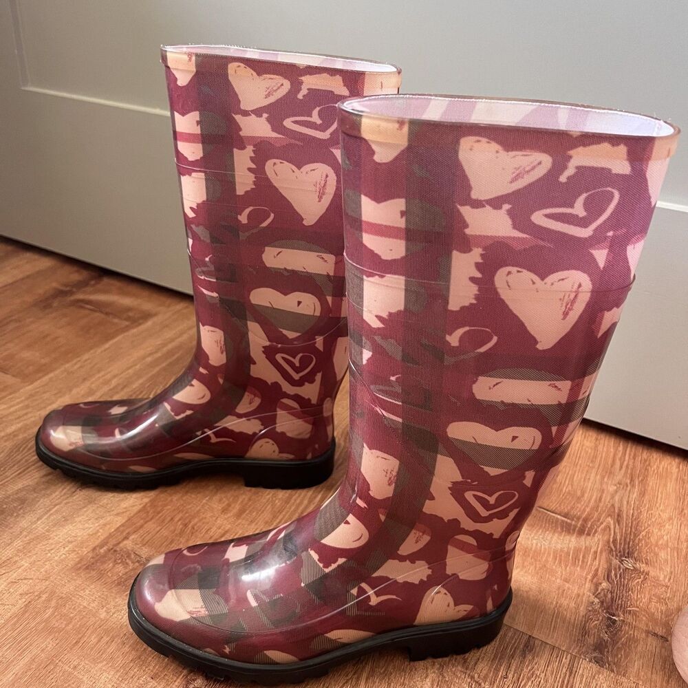 Burberry Rain Boots Women Sz 37 Hearts Pink Italy Waterproof Knee High Shoes - Picture 4 of 16